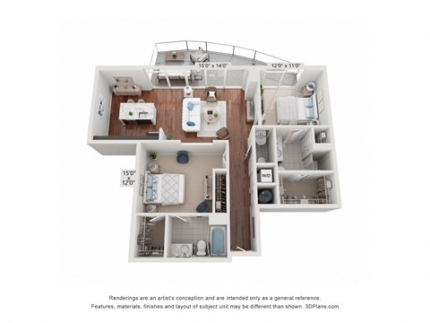 Floor plan for 2 beds, 2.5 baths, 1340 sqft